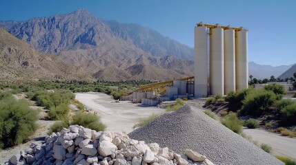 Obraz premium The cement factory features towering white and yellow silos, surrounded by loose grey rocks and sand, set against a striking desert backdrop