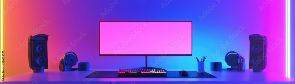 Aufkleber modern computer setup with a glowing led-lit background, featuring a widescreen monitor, speakers, a