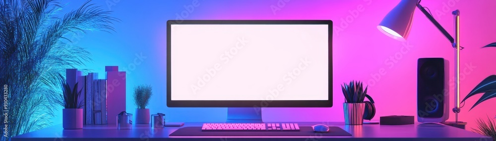 Poster modern computer setup in neon lighting with blank screen, keyboard, and plants. ideal for tech and w
