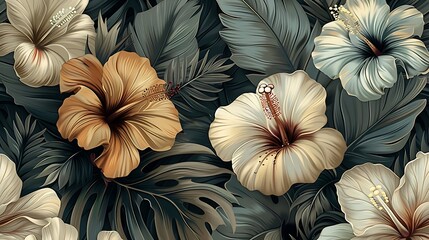 A continuous pattern of tropical blooms, including hibiscus, bird of paradise, and orchids, designed for seamless wallpaper with a vintage boho flair, deep and vibrant tones, intricate details,