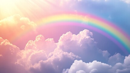 Rainbow above fluffy clouds with sunlight, serene