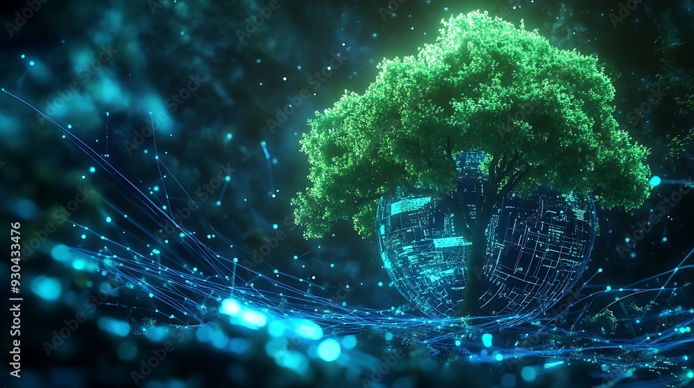 Poster a green tree stands above a glowing sphere of data and lines