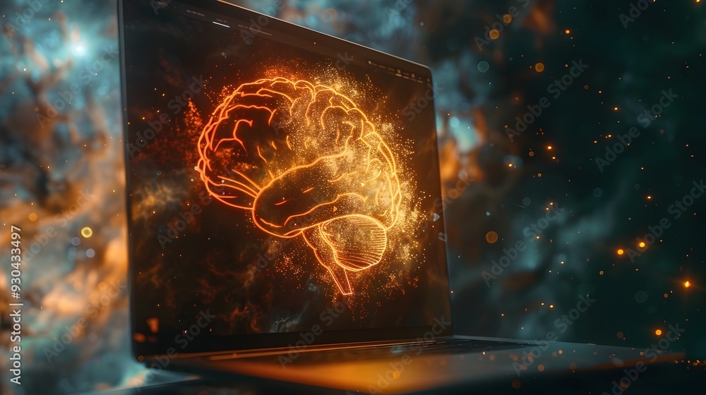 Poster digital brain integrated into futuristic computer screen representing advanced intelligence and cogn
