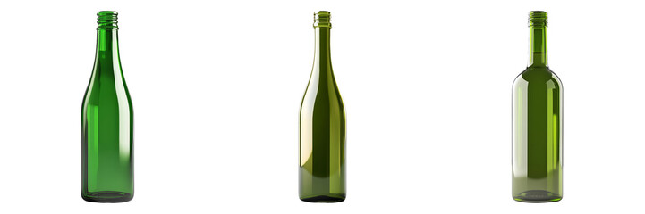 Green glass bottles in different positions isolated on transparent background