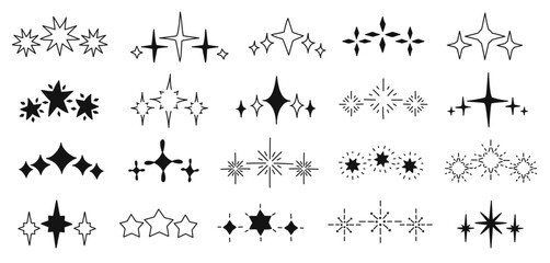 Hand drawn sparks. Decorative doodle shining starburst, twinkling three and five stars shapes in row. Festive sparkling bursts vector icons set.