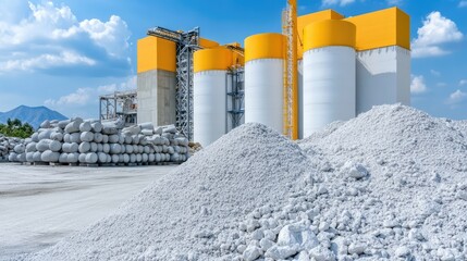 Obraz premium The cement factory features towering white and yellow silos, surrounded by loose grey rocks and sand, set against a striking desert backdrop