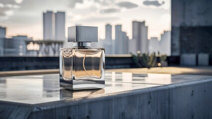 Close up view from the top of a skyscraper. Sleek perfume bottle with a luxurious cityscape backdrop – ideal for premium branding and advertising campaigns.
