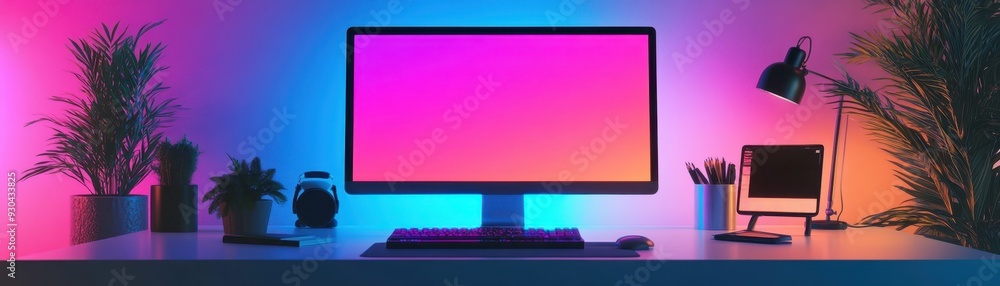 Poster modern workspace with a desktop monitor and laptop, illuminated by colorful led lighting, creating a