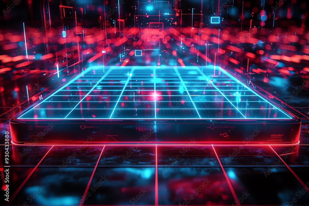 Poster vibrant digital grid in neon colors, showcasing a futuristic cybernetic environment with glowing ele