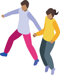 Young couple holding hands is running in this 3d isometric illustration