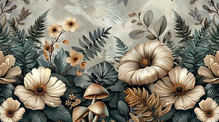 A continuous pattern of woodland elements, including mushrooms, ferns, and forest flowers, designed for seamless wallpaper with a vintage flair, deep green and earthy tones, intricate details,