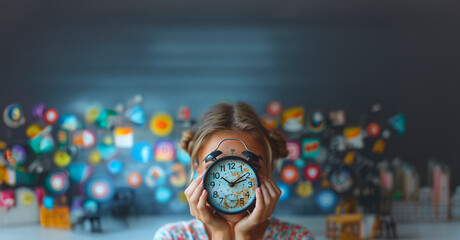 A businesswoman holding a large clock in front of her face, surrounded by colorful social media icons like Facebook, Twitter, Instagram, and LinkedIn, symbolizing time management in the digital age
