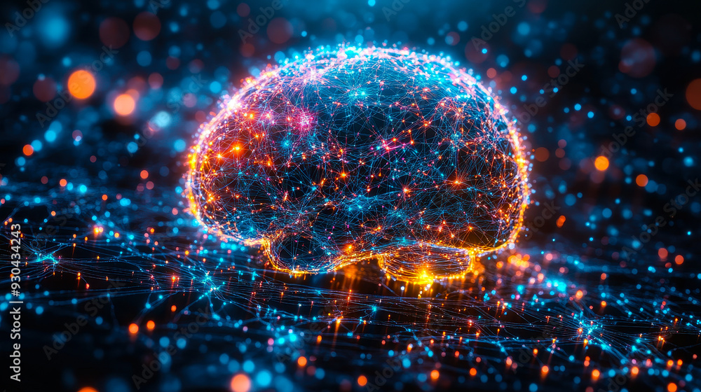 Poster artificial intelligence deep learning concept with neural network visual representation of brain, mi