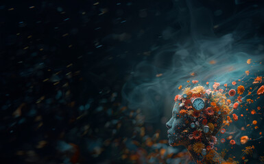 Obraz premium A creative visualization of a human profile formed by clustered clocks of varying sizes, with a stream of clocks moving away from the head, capturing the theme of time and consciousness