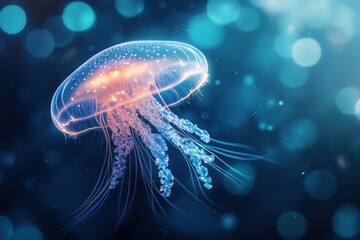 A luminous jellyfish gracefully floats through vibrant underwater waters, showcasing its ethereal beauty and delicate tentacles.