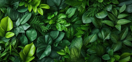 Fototapeta premium A lush collection of diverse green leaves creating a vibrant, natural backdrop perfect for organic themes and environmental designs.