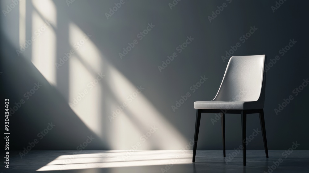 Poster a minimalist chair in a well-lit room, creating an elegant and serene atmosphere with soft shadows a