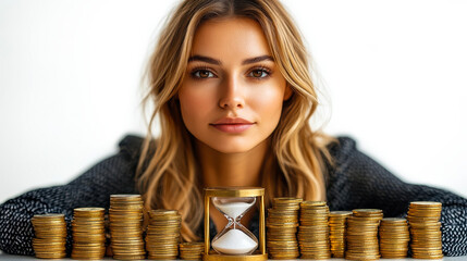Confident Businesswoman with Hourglass and Stacks of Coins Symbolizing Time Management and Financial Success