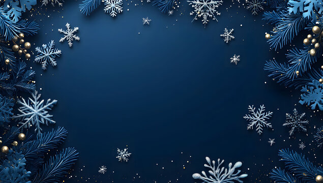 Dark blue background with falling snowflakes and stars, perfect for a Christmas banner, poster, or greeting card template. Flat vector illustration for a winter holiday design.