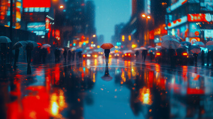 Fototapeta premium A lone figure standing at a busy crosswalk during a light rain, surrounded by the blurred motion of umbrellas and pedestrians hurrying past