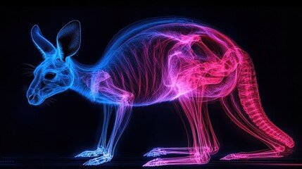 Obraz premium Neon X-Ray of a Kangaroo Skeleton in Vibrant Pink and Blue Colors on a Black Background