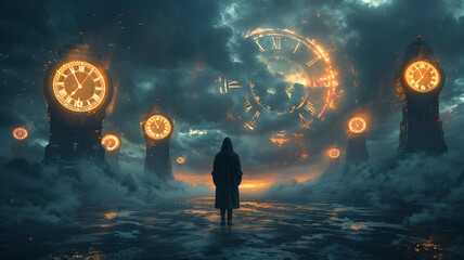 A mysterious figure standing in a vast, empty landscape dotted with towering clocks, each showing different times, beneath a dramatic, overcast sky