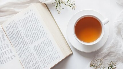 A white desk with an open book and a cup of tea, illustrating how visual silence can enhance focus and relaxation.