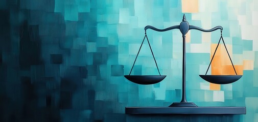 A modern depiction of a balanced scale symbolizing justice, set against an abstract colorful background.