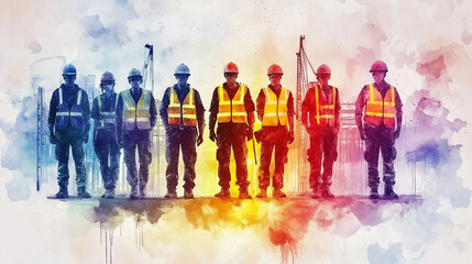 Naklejka premium Construction workers in colorful safety gear stand together, viewed from behind, with vibrant watercolor splashes forming an abstract background, highlighting unity, diversity, and collaboration in th