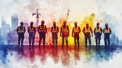 Naklejka premium Construction workers in colorful safety gear stand together, viewed from behind, with vibrant watercolor splashes forming an abstract background, highlighting unity, diversity, and collaboration in th