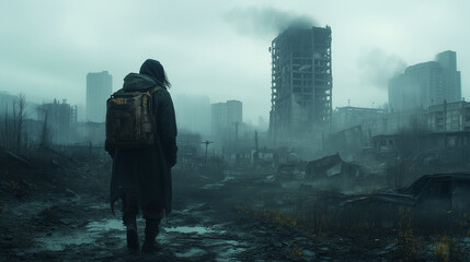 Lone Survivor Walking Through Post-Apocalyptic Cityscape in Foggy, Desolate Ruins