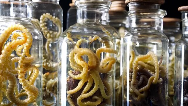 Footage of unsettling fictional creatures. Rows of jars with tentacles wriggling in sharp light. Mad scientist specimens collection, or witch potions ingredients concept. High quality 4k footage