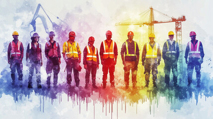 Obraz premium Construction workers in colorful safety gear stand together, viewed from behind, with vibrant watercolor splashes forming an abstract background, highlighting unity, diversity, and collaboration in th