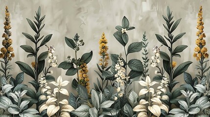 Bohemian seamless wallpaper featuring rustic illustrations of herbs like rosemary, sage, and thyme, hand-drawn in vintage style, soft, earthy colors, intricate details, natural light effect,