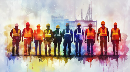 Naklejka premium Construction workers in colorful safety gear stand together, viewed from behind, with vibrant watercolor splashes forming an abstract background, highlighting unity, diversity, and collaboration in th