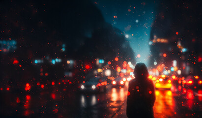 Obraz premium A person standing under a flickering streetlight on a busy city street at night. The street is filled with blurred streaks of car lights and fast-moving pedestrians