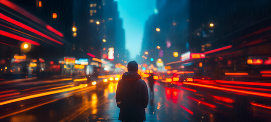 A person standing under a flickering streetlight on a busy city street at night. The street is filled with blurred streaks of car lights and fast-moving pedestrians