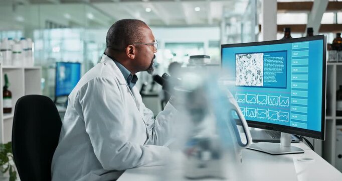 Black man, science and microscope in laboratory, medical and medicine for study or experiment. Biotechnology, scientist person and research in gene therapy, repair or breakthrough in chemical testing