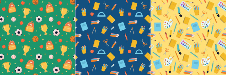 Set of seamless pattern with cartoon school stationery items. Pen, pencil, book, backpack, paint, brush, art, note, football, ball vector illustration. Education, supply store, sport background.