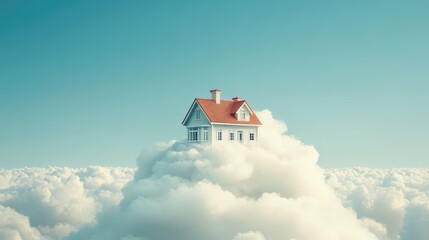 A beautiful house perched atop a fluffy white cloud, set against a clear blue sky with distant clouds on the horizon.