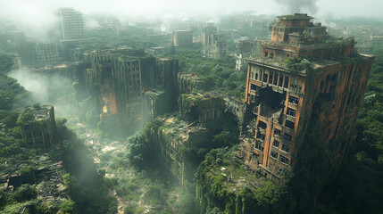 Aerial View of Post-Apocalyptic City Overtaken by Nature, Abandoned Buildings in Lush Overgrowth and Misty Atmosphere