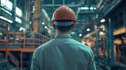 Engineer in Safety Helmet Standing in a Manufacturing Plant