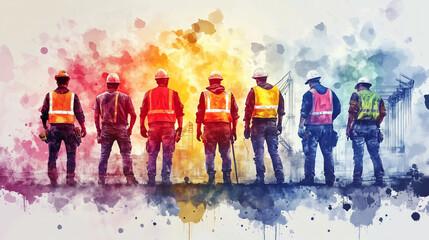 Obraz premium Construction workers in colorful safety gear stand together, viewed from behind, with vibrant watercolor splashes forming an abstract background, highlighting unity, diversity, and collaboration in th