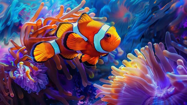 Clownfish Swimming Among Vibrant Coral Reef
