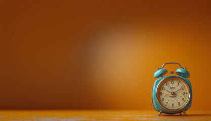 A retro-style blue and white alarm clock standing against a vibrant orange background, with a focus on clean lines and minimalist design