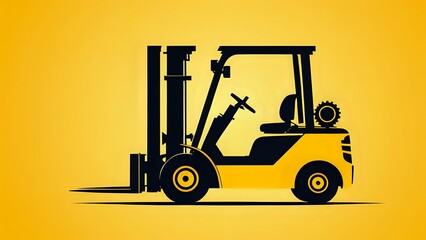 Black silhouette of forklift on yellow background.