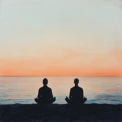 Soft pastel horizon over the ocean, two silhouettes meditating, quiet affection, calm mindfulness