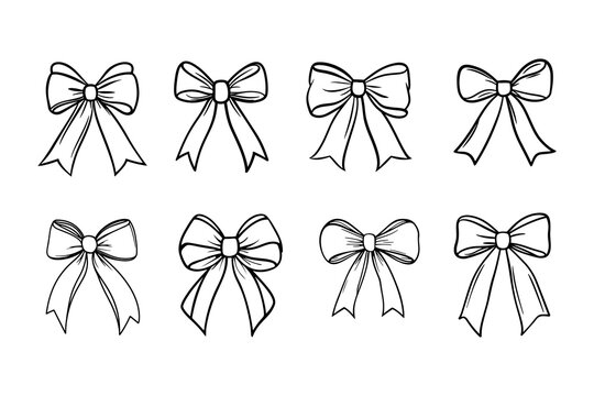 Large set of bow silhouettes. Vector black ribbon icons line art. Set of simple decorative holiday ribbon bows for gifts, to decorate hair on white background. 
