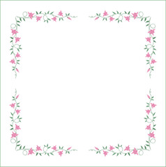Green vegetal floral frame with leaves and pink flowers, decorative corners for greeting cards, banners, business cards, invitations, menus. Isolated vector illustration.	
