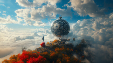 A small figure standing on top of a floating apple in a surreal landscape, gazing up at a colossal, ancient pocket watch suspended in the sky